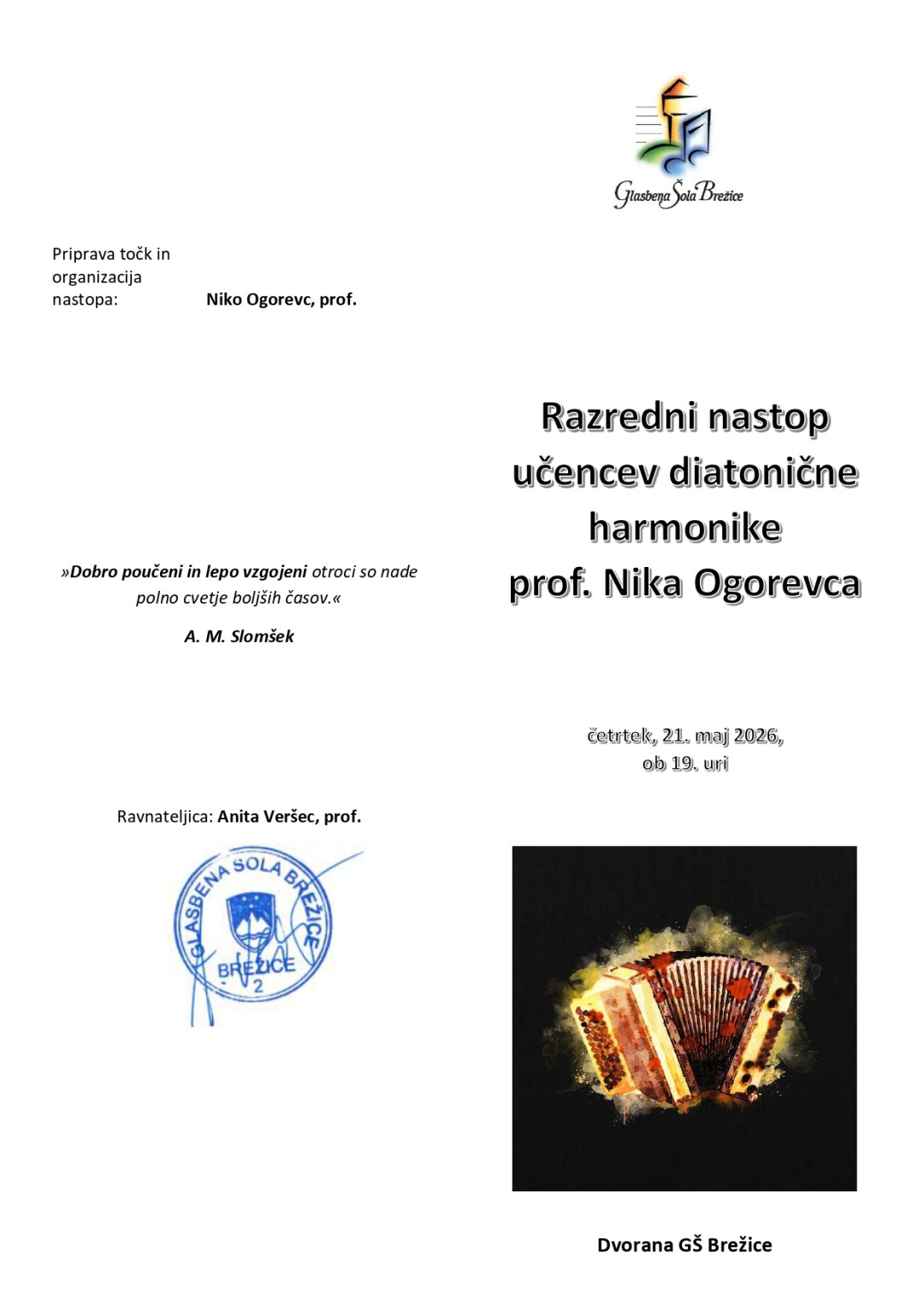 23. Razredni nastop diatonične harmonike prof. Nika Ogorevca 2025/26
