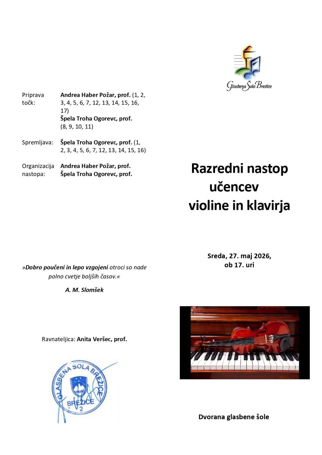 24. Razredni nastop učencev violine in klavirja