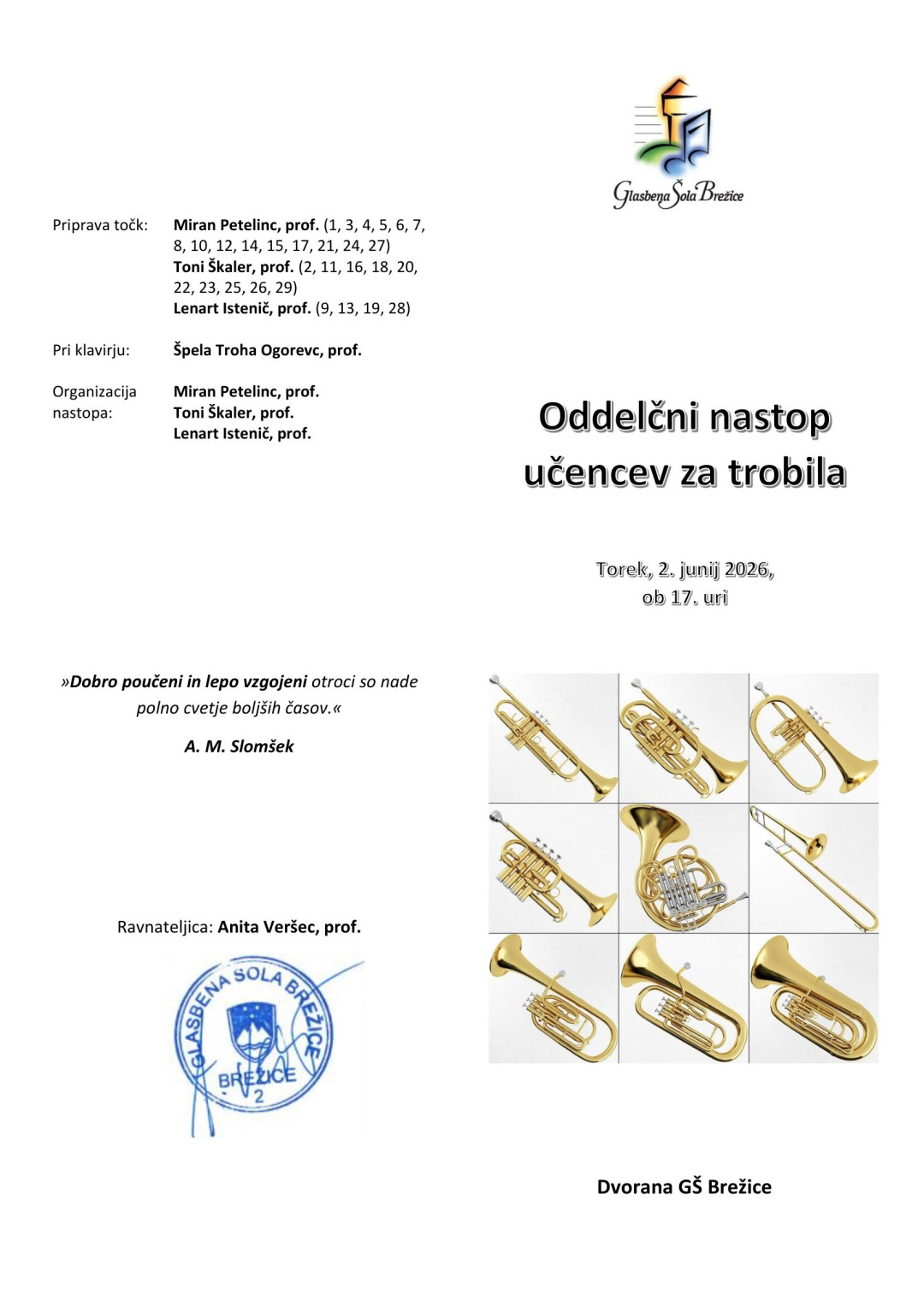 26. Razredni nastop učencev za trobila