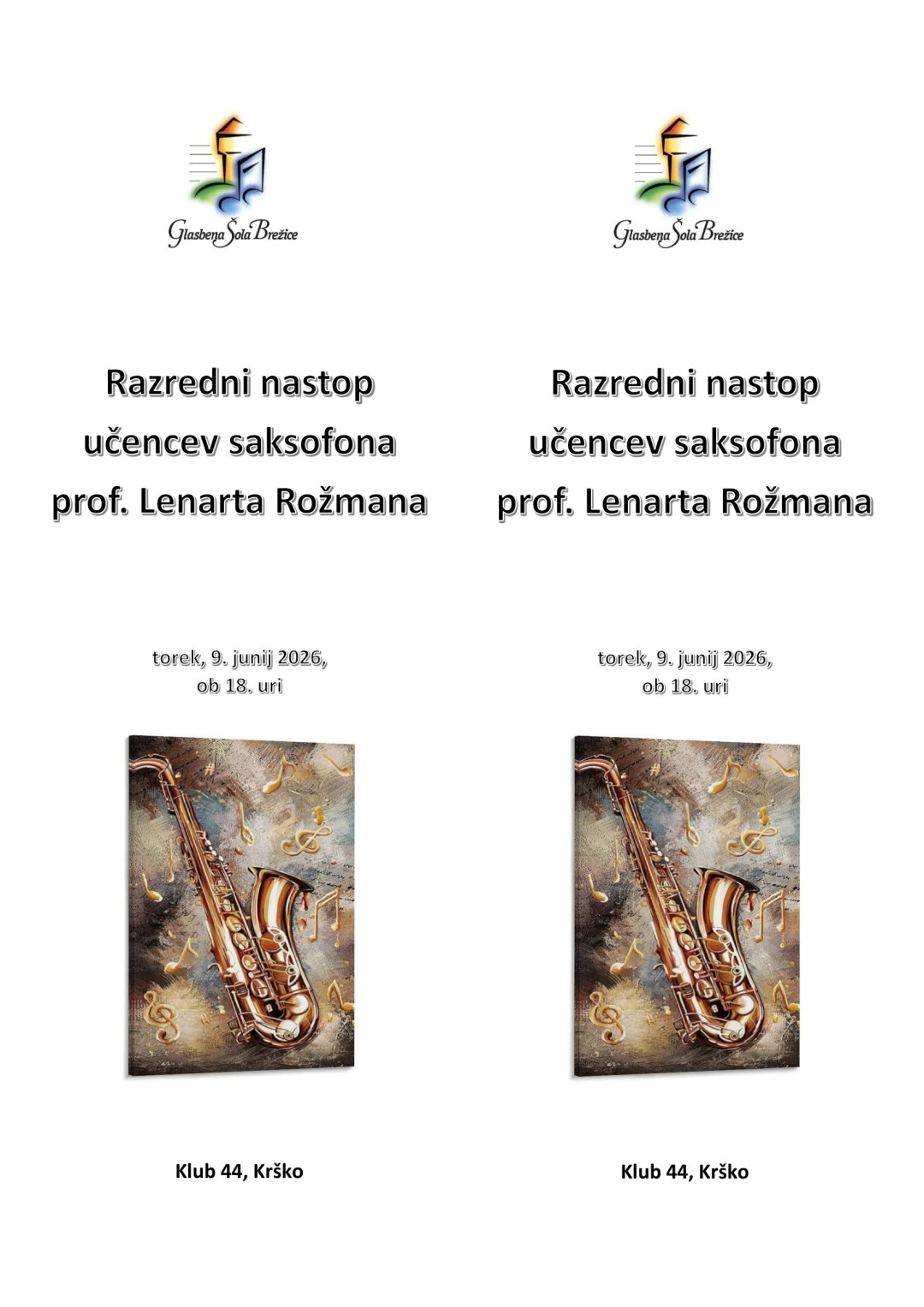 30. Razredni nastop učencev saksofona prof. Lenarta Rožmana