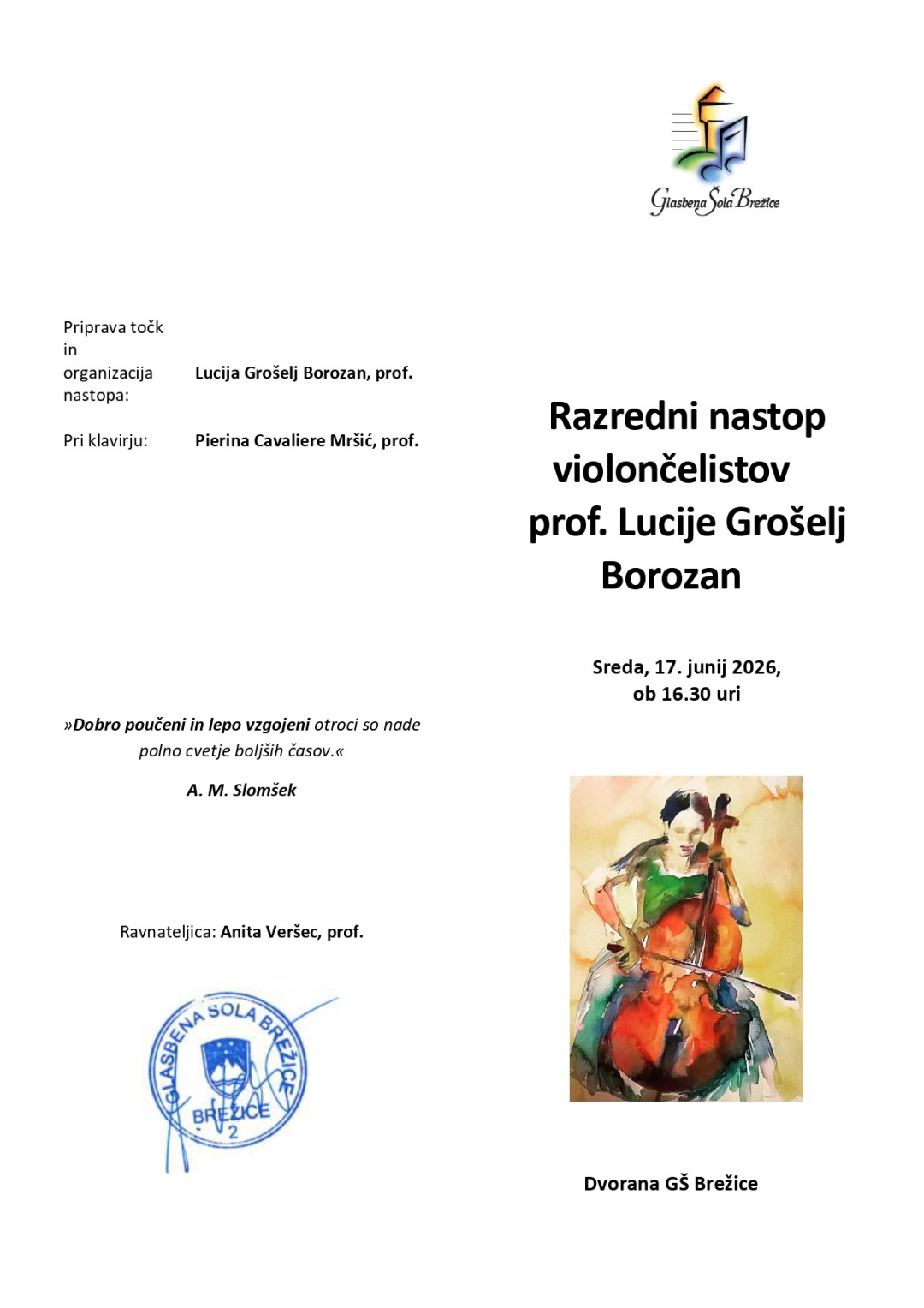 32. Razredni nastop violončelistov prof. Lucije Grošelj Borozan