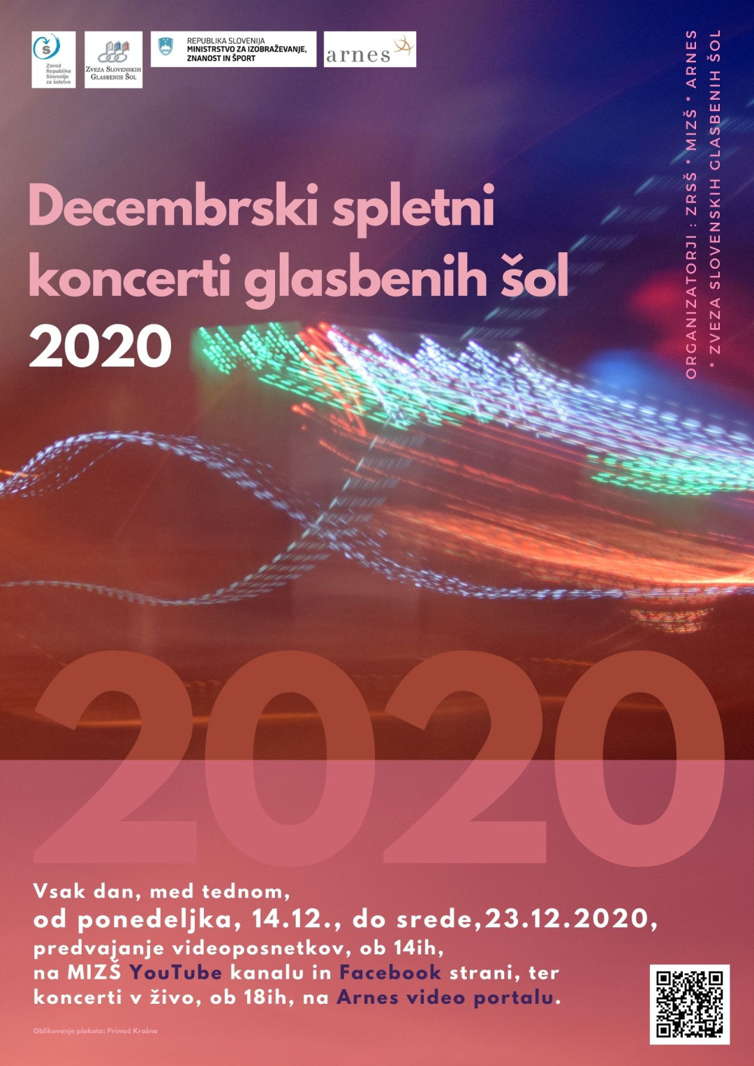 Najava dogodka Decembrski spletni koncerti glasbenih šol 2020 na spletni straneh, socialnih omrežjih ter drugim medijih