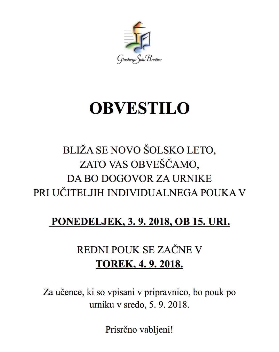 Razdelitev urnikov in začetek pouka 2018/19