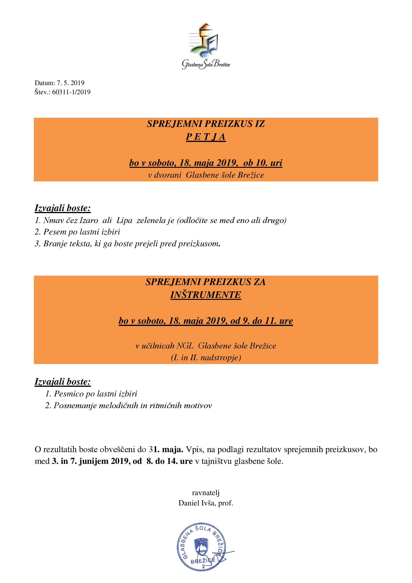 Razpis za vpis in sprejemni preizkus za šolsko leto 2018/2019