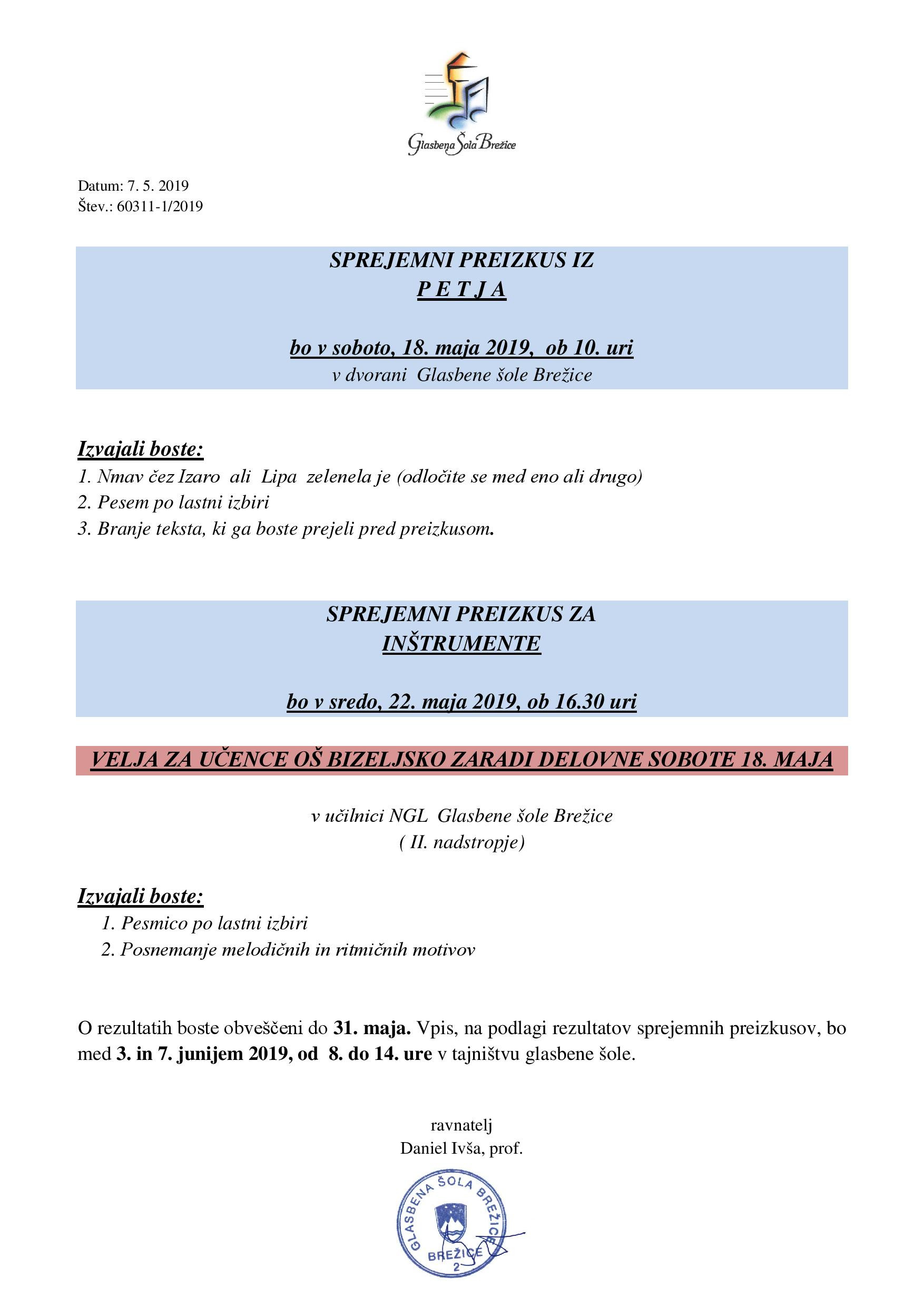 Razpis za vpis in sprejemni preizkus za šolsko leto 2018/2019