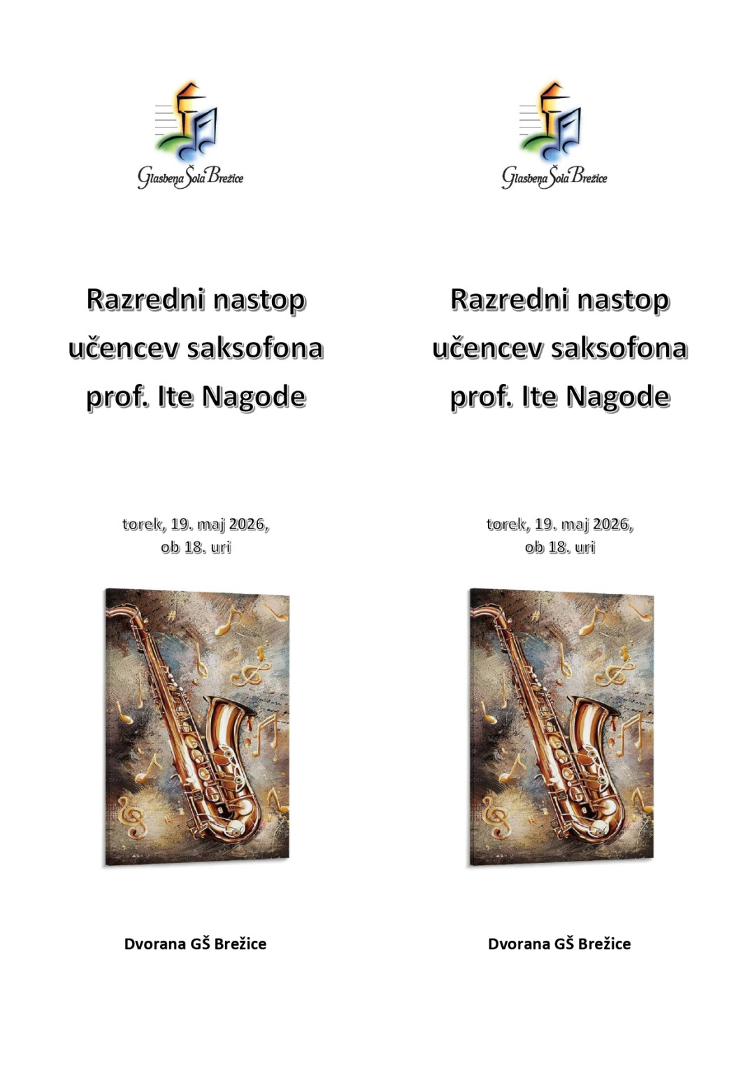 Razredni nastop učencev saksofona prof. Ite Nagode