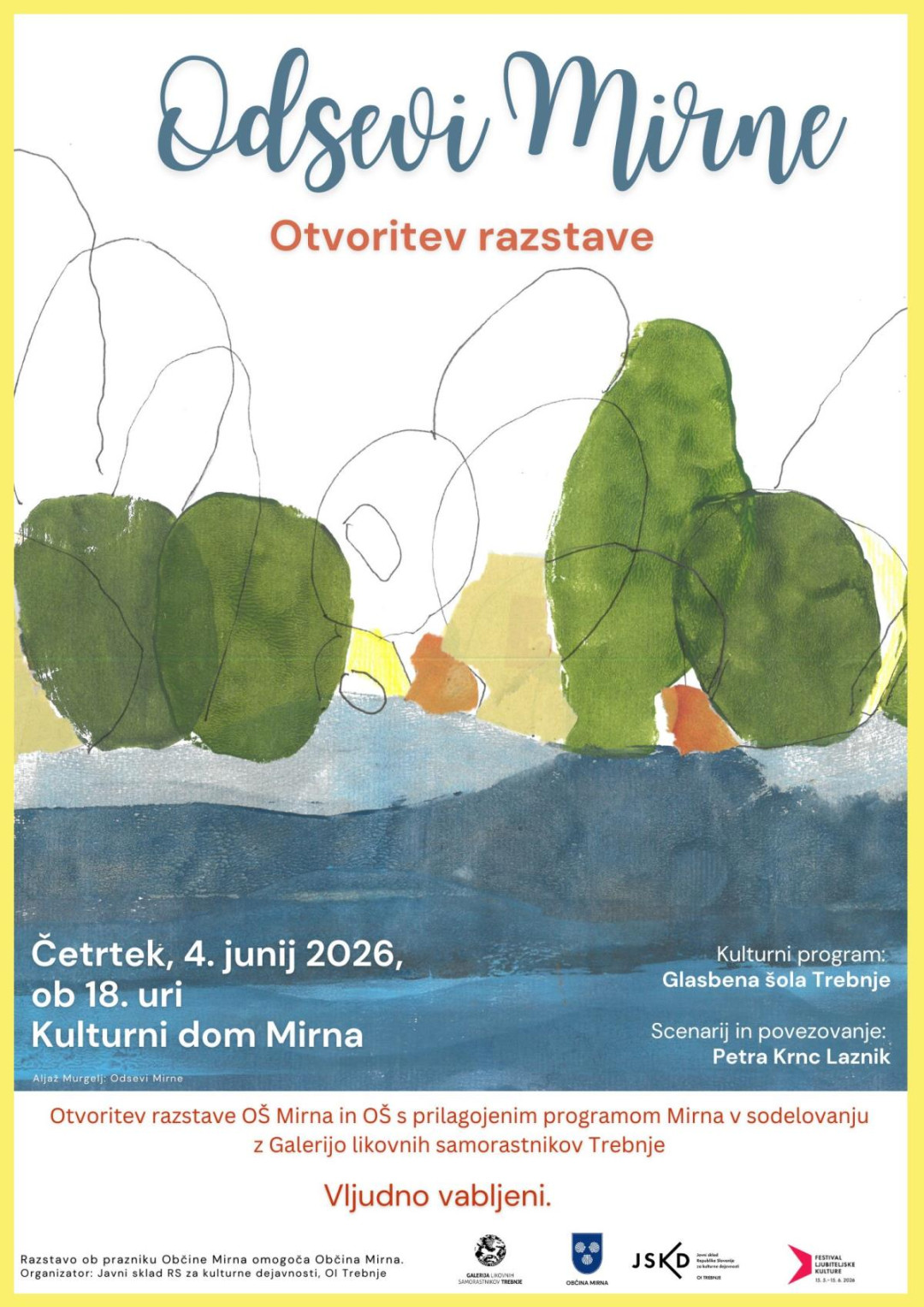 Vabilo na otvoritev likovne razstave Odsevi Mirne
