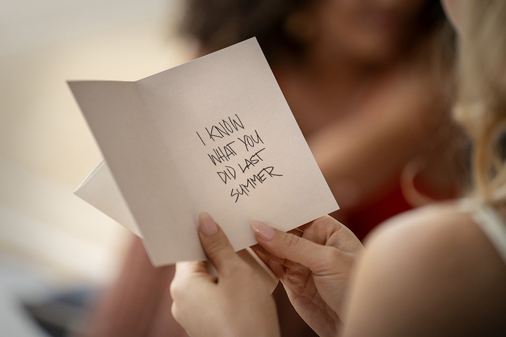 Vizitka z napisom vem, kaj ste zakrivili lansko poletje