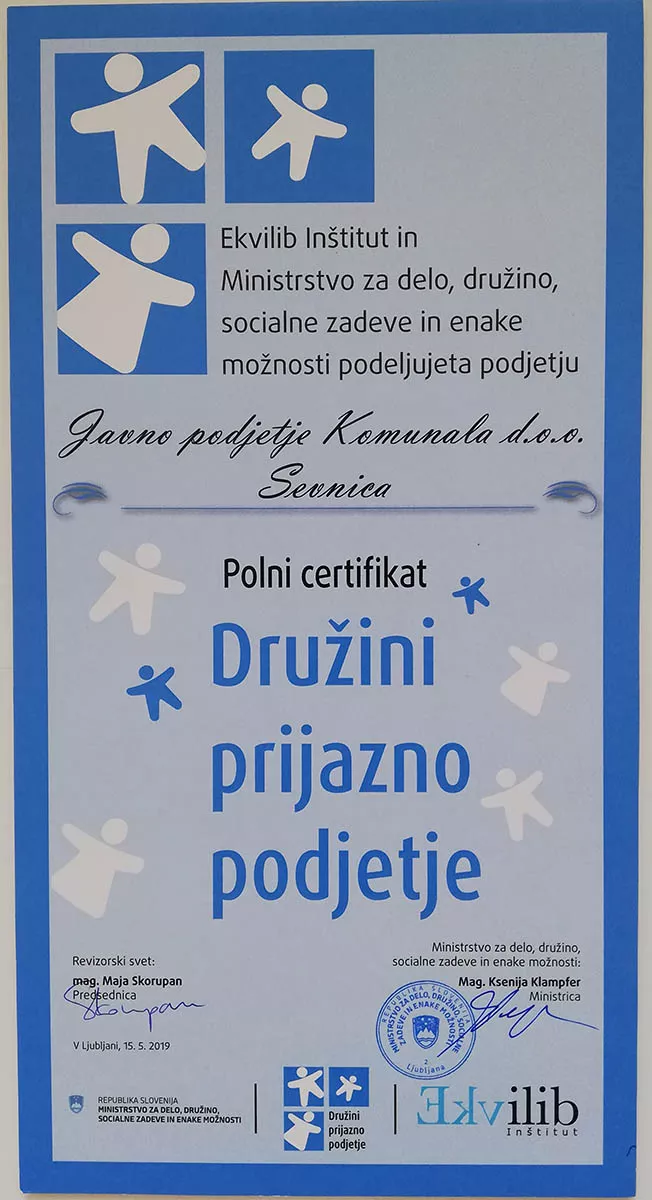 Komunala Sevnica – družini prijazno podjetje - modri certifikat