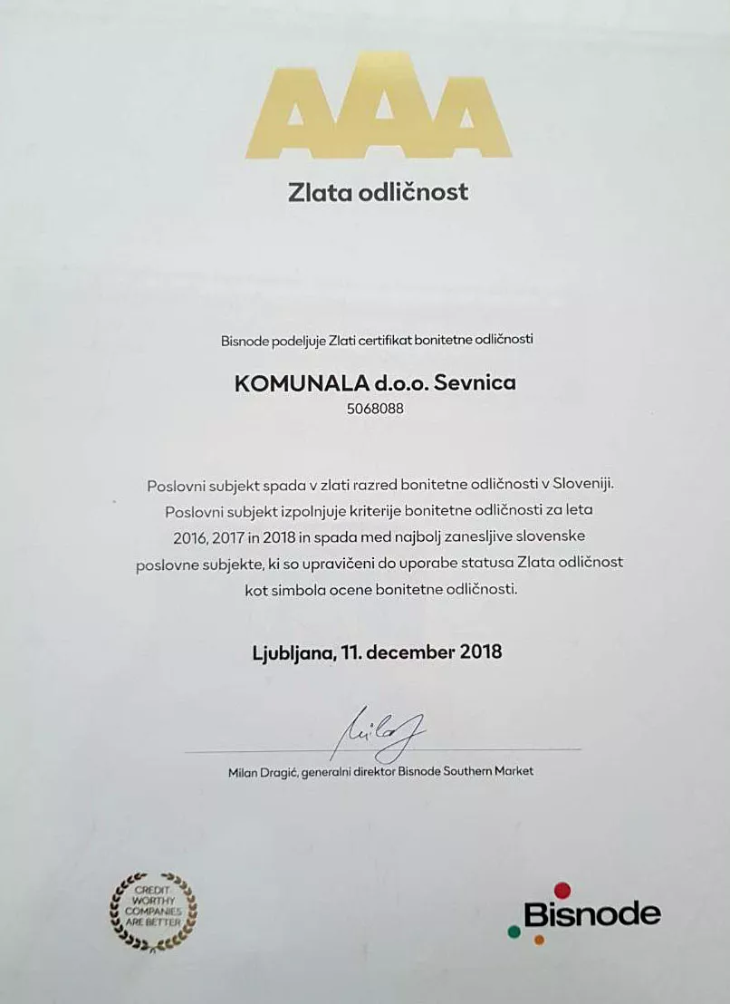 Zlati certifika bonitete odličnosti Komunali Sevnica