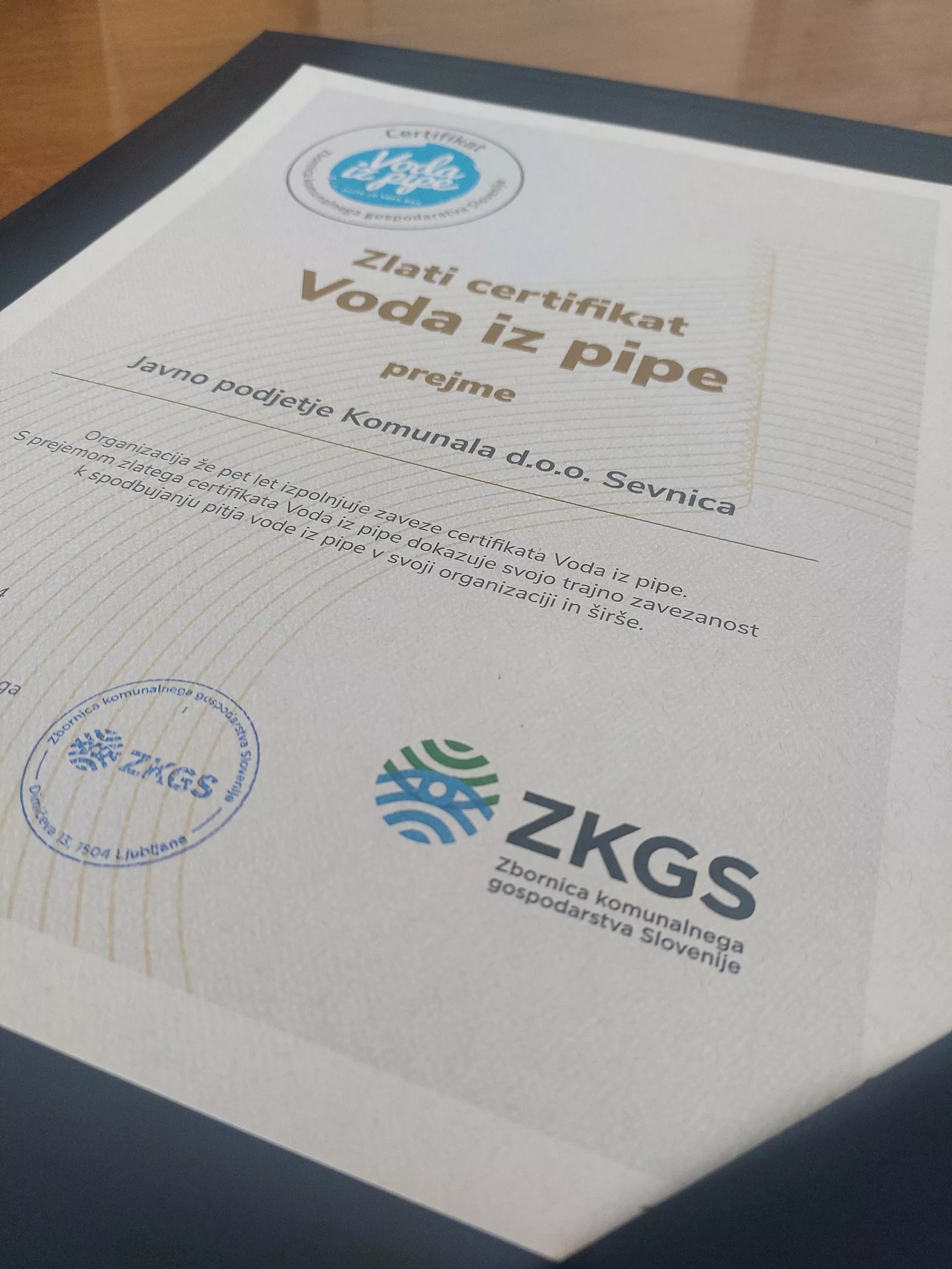 Zlati certifikat Voda iz pipe