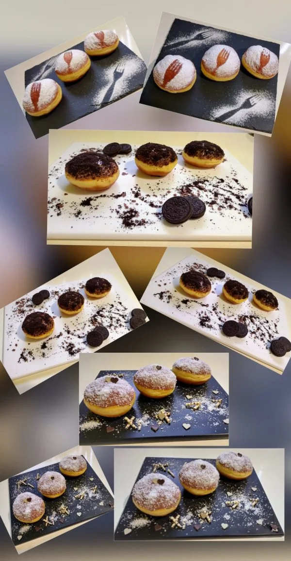 Krofi s čokoladnim in kokosovim polnilom, ter čokoladnim oreo crumbs