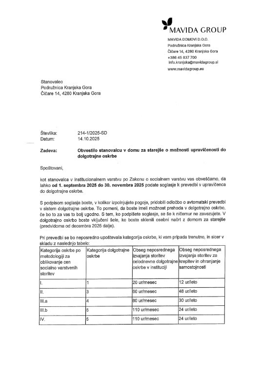 Obvestilo o dolgotrajni oskrbi