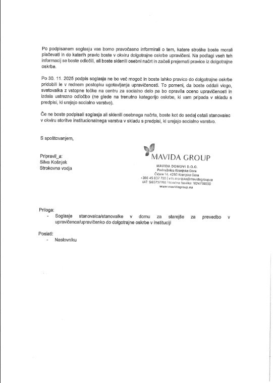 Obvestilo o dolgotrajni oskrbi