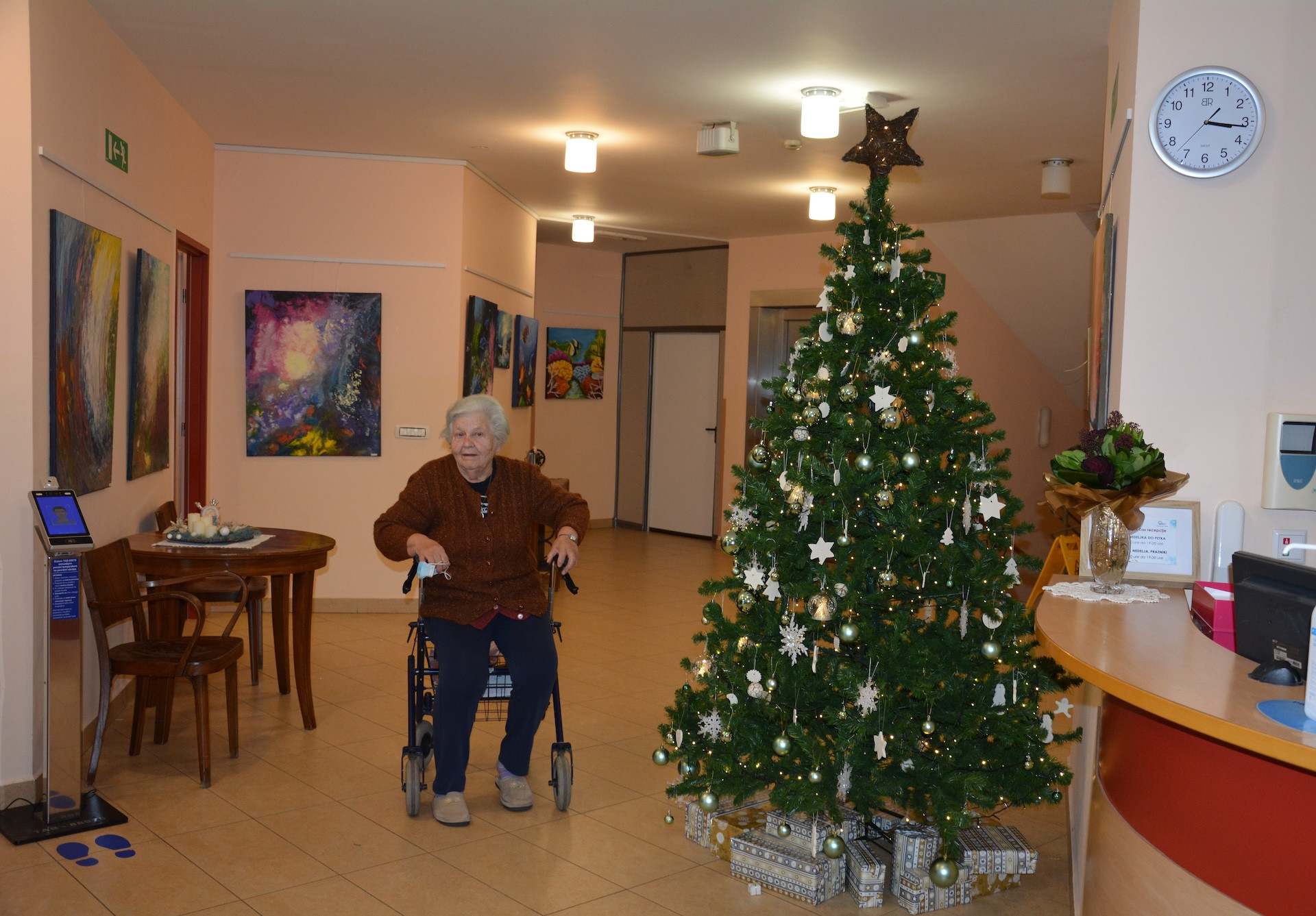 Jelka ob vhodu v Pegazov dom je okrašena