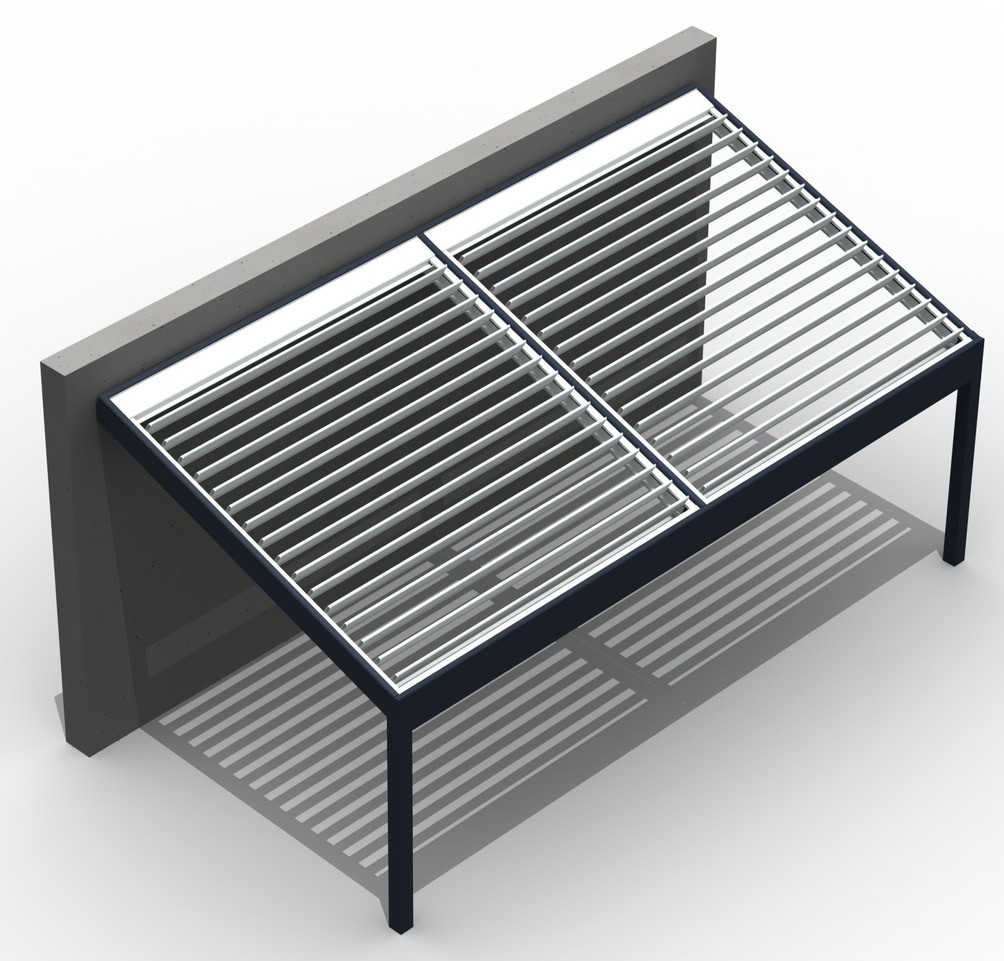 Misteral dvopolna pergola vzporedne lamele z objektom in konstrukcijo v naklonu - TIP 6