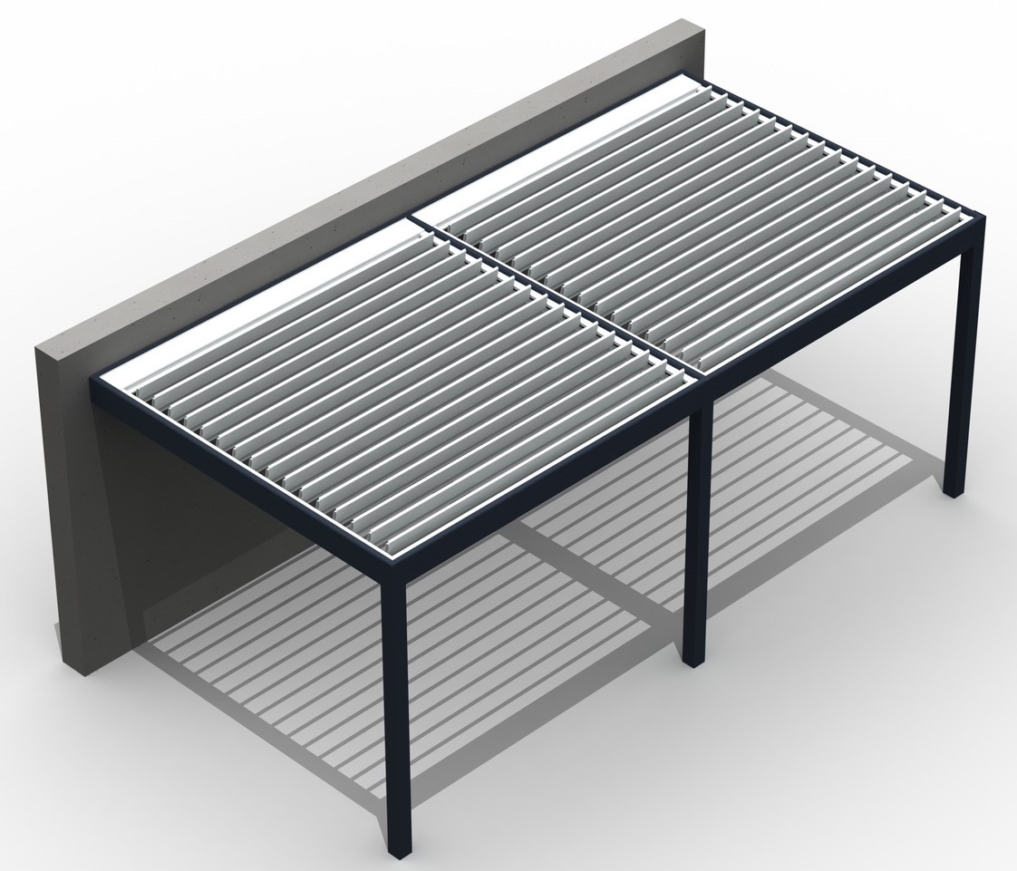 Misteral dvopolna pergola vzporedne lamele z objektom in tremi stebri - TIP 17