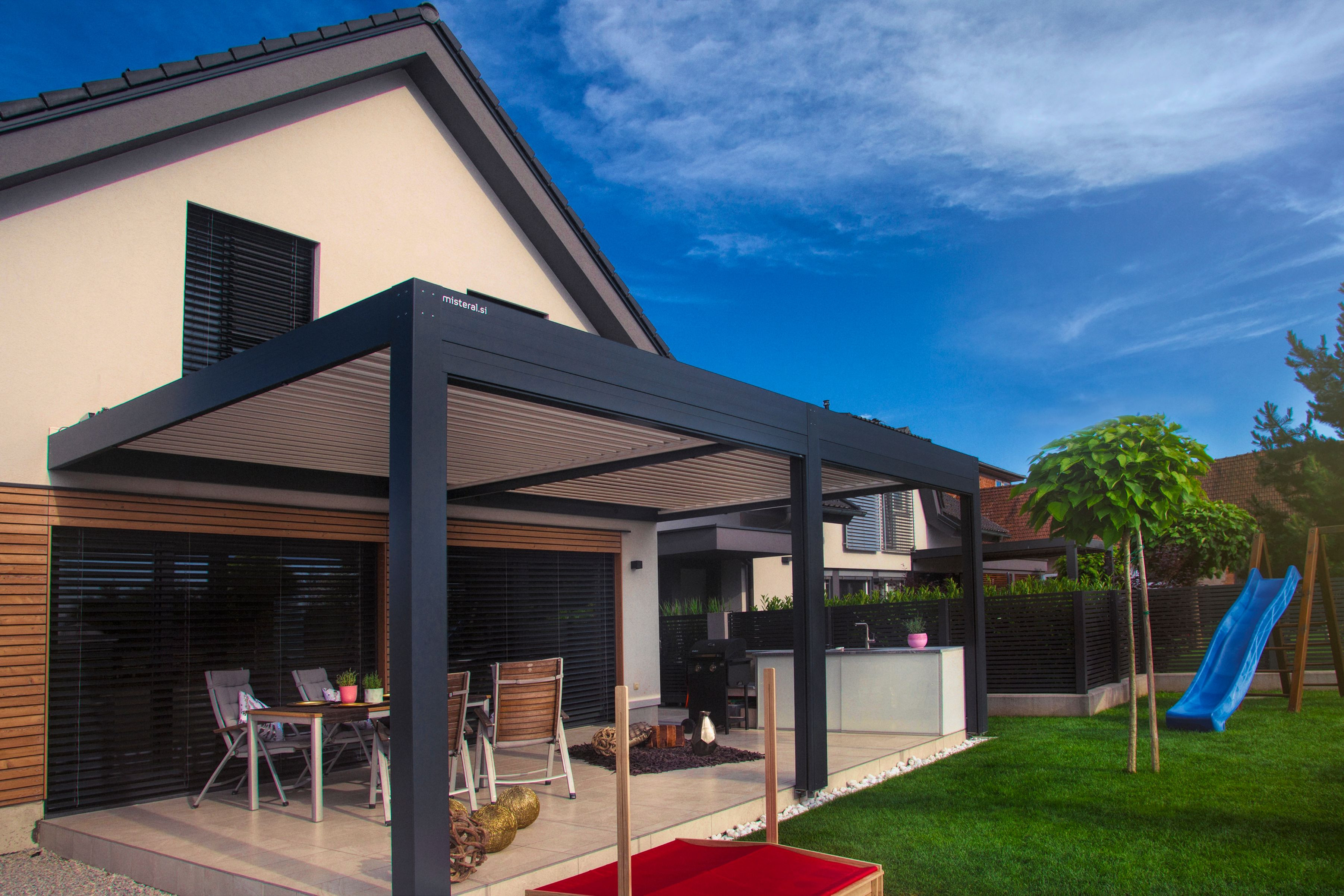 Project PG Ljubljana - Bioclimatic pergola Misteral - Terrace, brisole, zip roller blinds