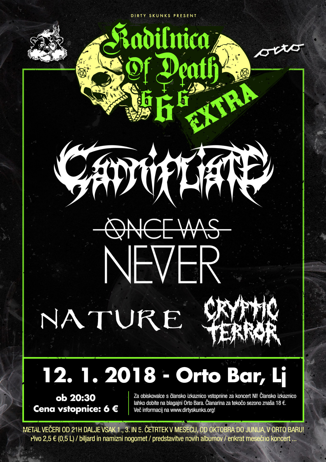 Kadilnica of Death Extra: Koncert skupin CARNIFLIATE, ONCE WAS NEVER, NATURE in CRYPTIC TERROR