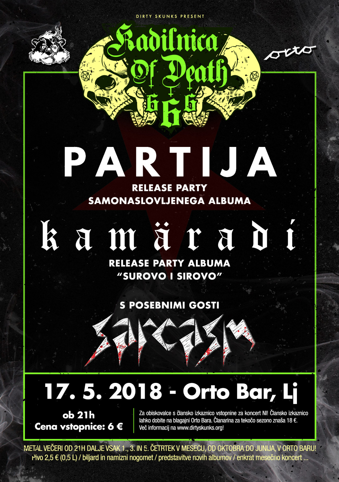 Kadilnica of Death: PARTIJA Release Party & KAMÄRADI Release Party s posebnimi gosti SARCASM