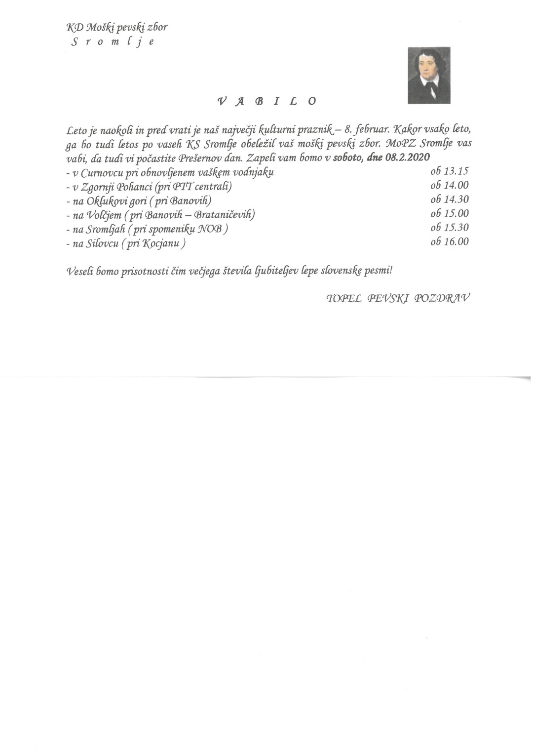 Ob kulturnem prazniku s petjem po sromeljskih vaseh