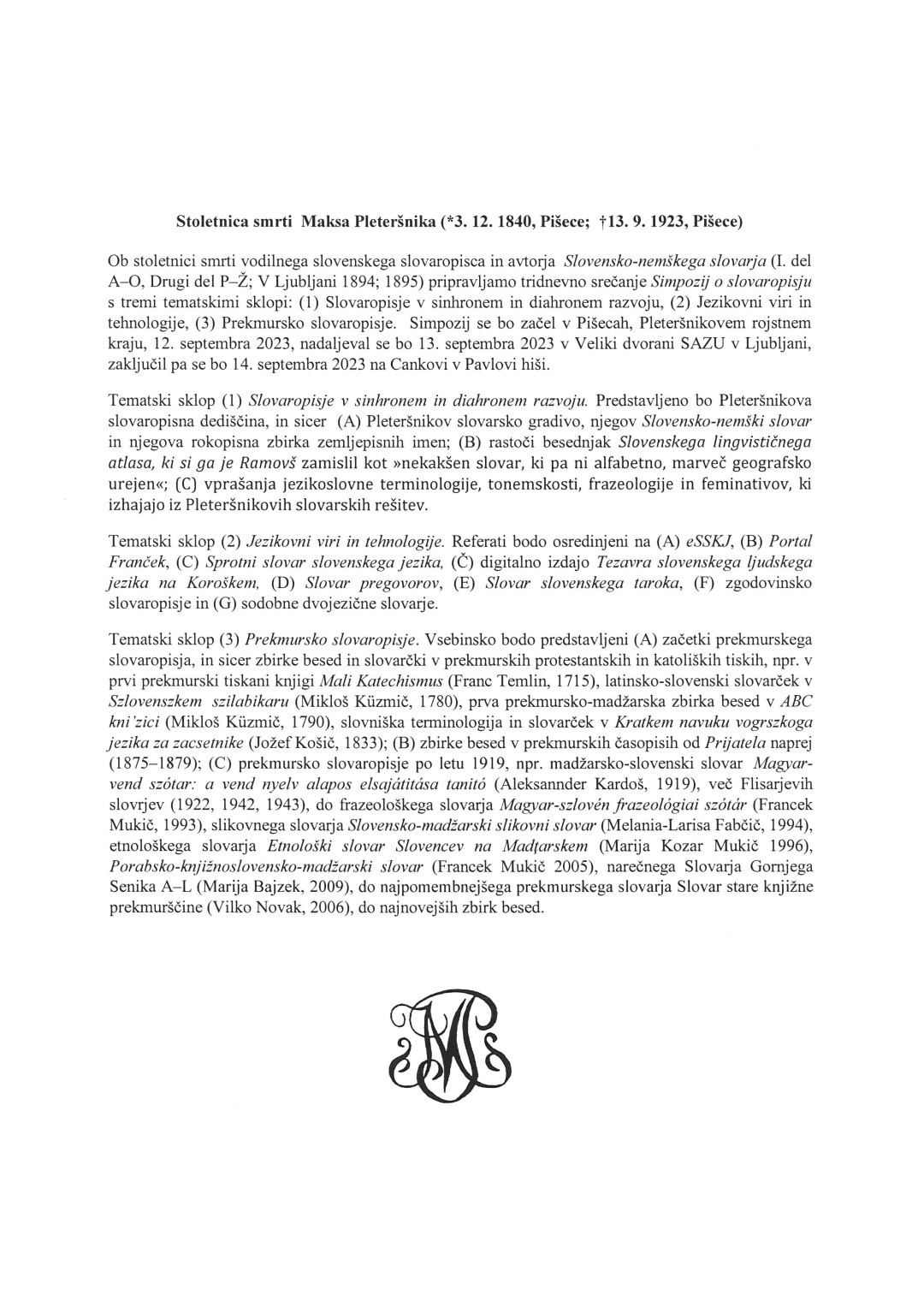 Pleteršnikovi dnevi o stoletnici smrti jezikoslovca Maksa Pleteršnika - simpozij