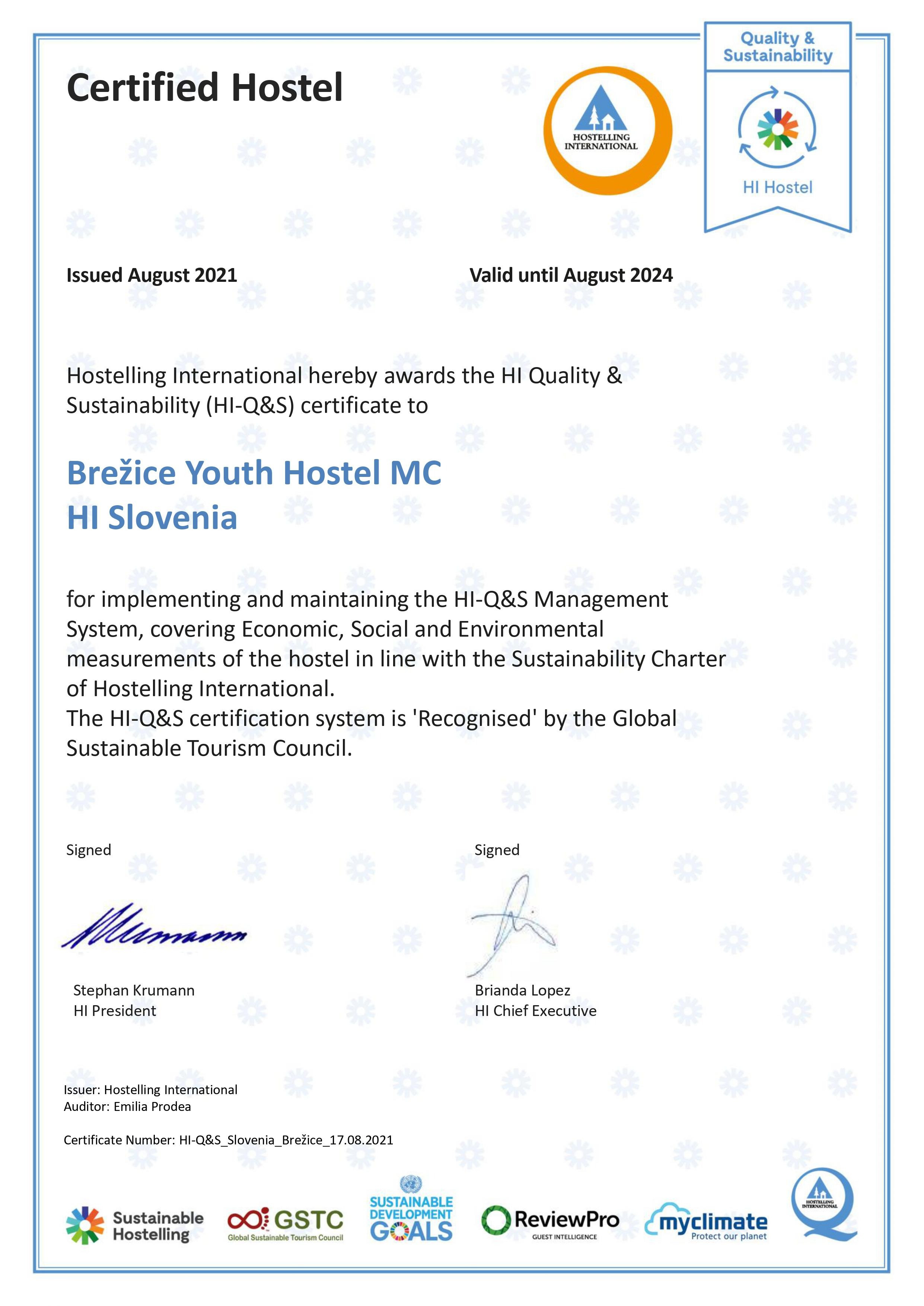 MC Hostel Brežice je pridobil trajnostni znak HI – Q & S