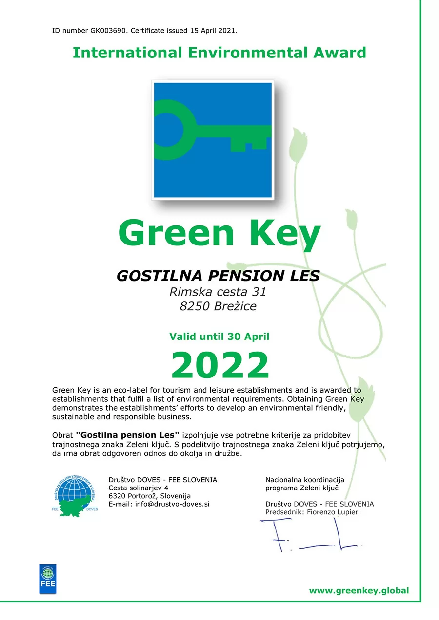 Gostilna pension Les je pridobila okoljski / trajnostni znak Green key