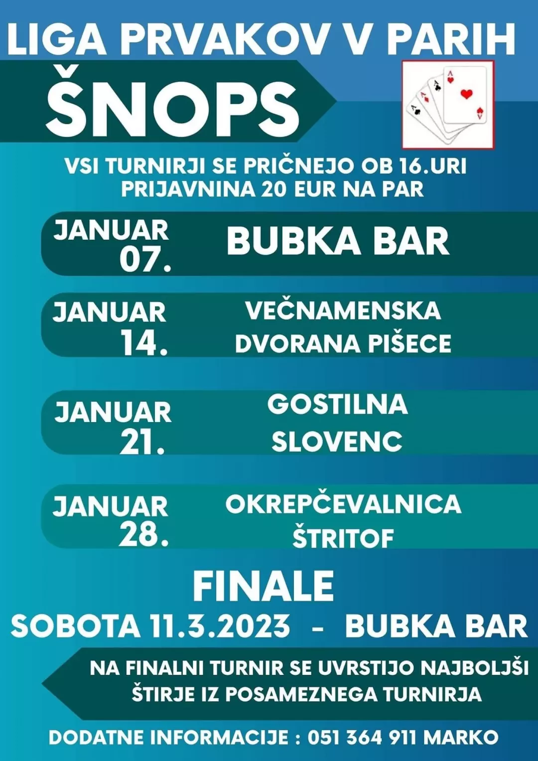 Šnops turnir: Liga prvakov v parih (več terminov in lokacij)